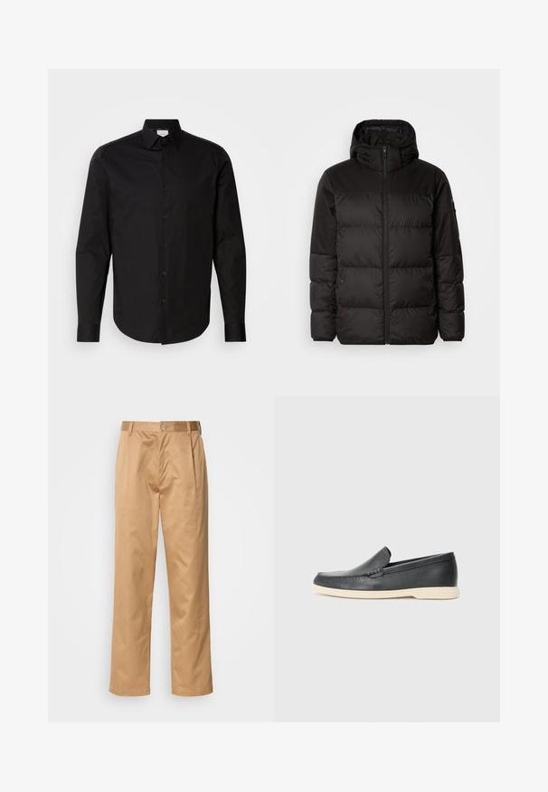 Mustikas puffer-jakk sisaldab tõmblukku, kapuutsi, tikandiga osi ja elastseid mansette, valmistatud siledast veekindlast materjalist.; Must musta, pikkade varrukatega nööpidega särk, mis on valmistatud siledast puuvillast kangast. Omab klassikalist kaelust, esipaneeli nööpe ja kumerat äärt.; Khekilõngid, puuvilla segu, sirge jala disain, ees olevad voldid, vööloopid ja nupuga sulg. Sile tekstuur ilma mustriteta.; Must musta sussid mustast nahast, millel on tekstuuriga pind ja kontrastne beež kummitald. Ees on peen aktsent.