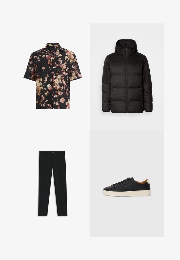 Black puffer jacket features a zip closure, a hood, quilted sections, and elastic cuffs, made from a smooth, water-resistant material.; Short-sleeve black shirt featuring a floral pattern in shades of pink, cream, and burgundy. Made of lightweight material with a button-up design.; Black dress pants with a straight-leg design, made of smooth fabric. Features a front button closure and belt loops. Plain without patterns.; Black leather sneakers with a smooth texture, beige rubber sole, lace-up design, and a contrasting heel accent.