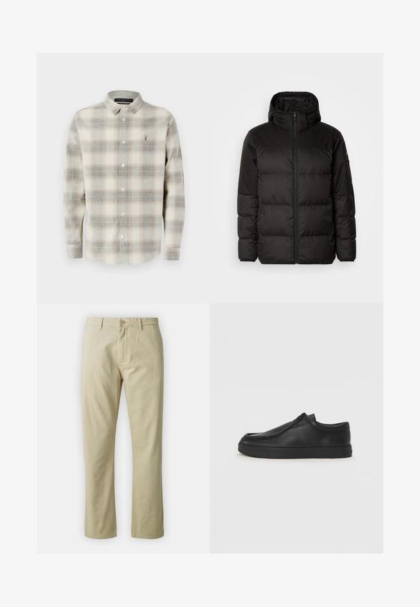 Black puffer jacket features a zip closure, a hood, quilted sections, and elastic cuffs, made from a smooth, water-resistant material.; Long-sleeve button-up shirt with a beige and gray plaid pattern, pointed collar, and small embroidered logo on the left chest.; Beige cotton trousers with a straight-leg design, front button closure, and belt loops. Smooth texture, no visible patterns or accents.; Black leather slip-on shoe with a rounded toe, stitched detailing, and black rubber sole. Smooth texture with minimalistic design.
