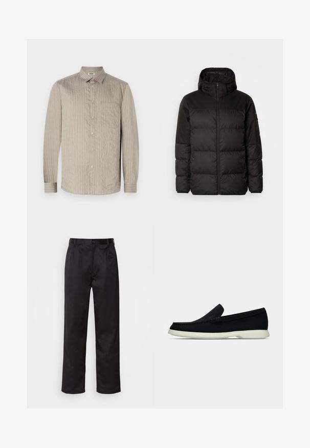 Črna zimska jakna ima zadrgo, kapuco, prešite odseke in elastične manšete, izdelana je iz gladkega, vodoodpornega materiala.; Svetlo bež srajca na gumb z navpičnimi črtami, dolgimi rokavi, ovratnikom in žepom na prsih. Narejena je iz teksturirane tkanine z mehkimi zaključki.; Črne hlače iz gladkega materiala, ki imajo sprednjo zaponko, naborke in ravne noge. Brez vidnih vzorcev ali okraskov.; Črne slip-on čevlje z zaobljenim nosom, ki imajo strukturirano zgornji del, gladek bel podplat in subtilen logotip na strani.