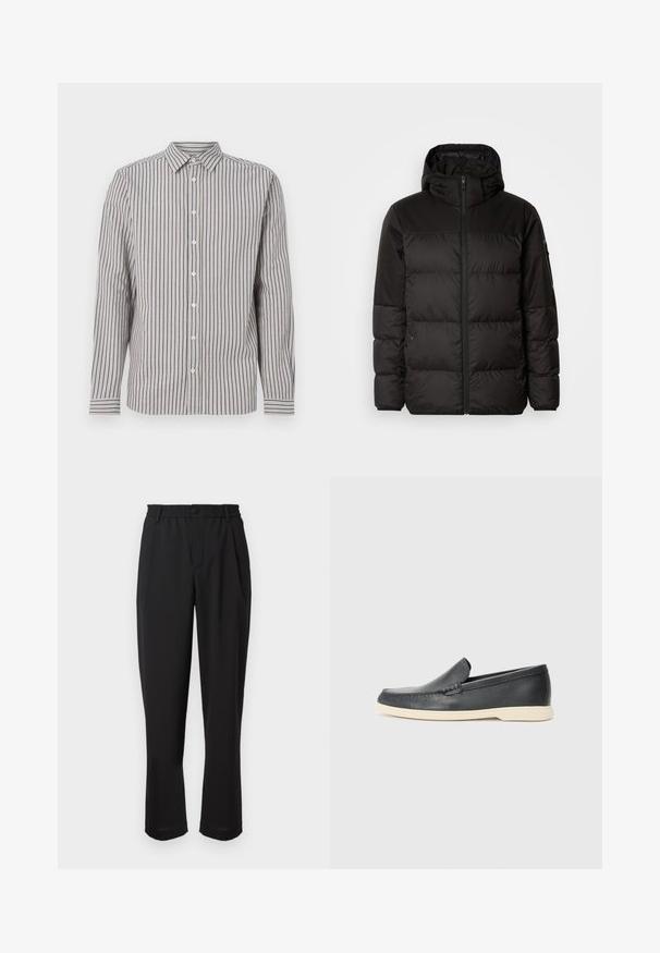 Melna pūkainā jakā iezīmes ir rāvējslēdzēja aizdare, kapuce, kvadrātveida šuves un elastīgas aproces, izgatavota no gludas, ūdensizturīgas vielas.; Vīriešu garo piedurkņu krekls gaiši bēšā krāsā ar vertikālām tumši zilām svītrām. Ievērojama iezīme ir norādīta apkakle un baltie pogas krūšu daļā.; Melnas bikses ar elastīgu jostu, pogu aizdari un taisnu kāju dizainu. Gluda auduma virsma, nav redzamu rakstu vai akcentu.; Melni ādas kurpes, kas valkājas uz slip-on principa, ar teksturētu apdari un kontrastējošu beigu gumijas zoli. Iespējama smalka apdare priekšpusē.