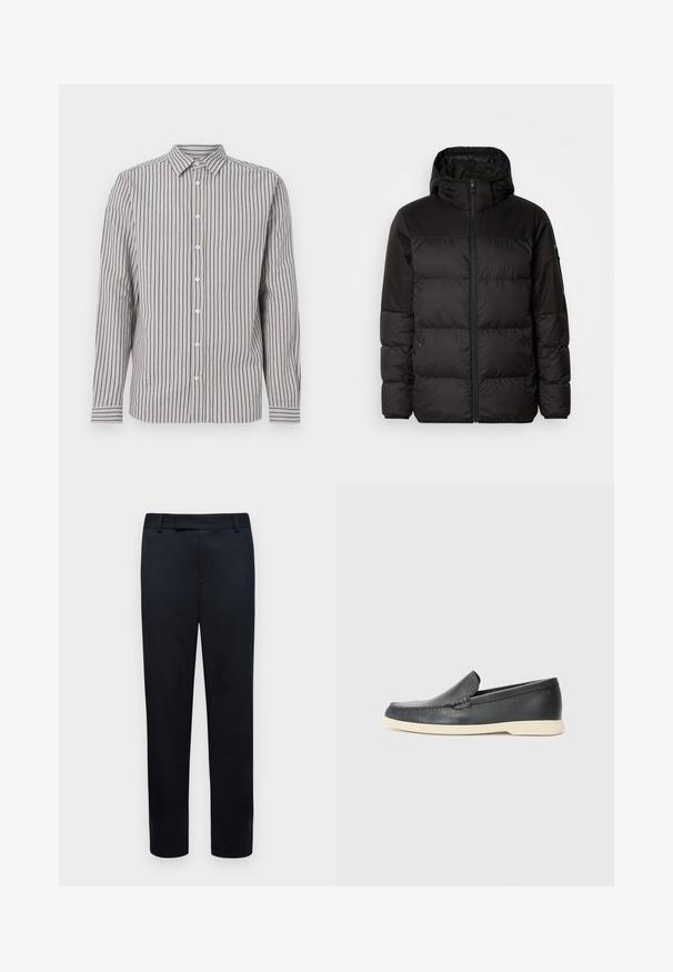 A fekete steppelt dzseki cipzáros záródással, kapucnival, steppelt részekkel és rugalmas mandzsettákkal rendelkezik, sima, vízálló anyagból készült.; Férfi hosszú ujjú ing világos bézs színben, függőleges sötétkék csíkokkal. Jellemzője a hegyes gallér és a fehér gombok elöl.; Fekete, tailored fit nadrág. Simább textura, övhurkok és elülső zsebek jellemzik. Egyenes lábdesignt mutat.; Fekete bőr, slip-on stílusú loaferek, texturált felülettel és kontrasztos bézs gumitalppal. A frontrészén finom díszítéssel rendelkezik.