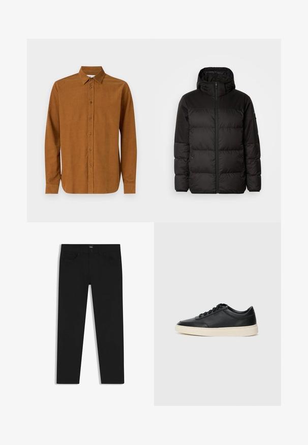 Black puffer jacket features a zip closure, a hood, quilted sections, and elastic cuffs, made from a smooth, water-resistant material.; Brown long-sleeve button-up shirt made of smooth fabric, featuring a classic collar and seven front buttons, with straight cuffed sleeves.; Black denim trousers with a straight cut, featuring a standard waistband, five pockets, and a button closure. Smooth texture throughout.; Black low-top leather sneaker with black laces and off-white sole shown in side profile on white background.