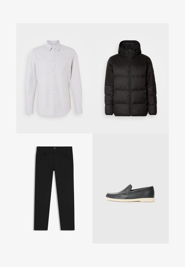 Sort pufferjakke med lynlås, hætte, quiltede sektioner og elastiske manchetter, lavet af et glat, vandafvisende materiale.; Langærmet skjorte med krave i hvid med smalle blå striber, med knaplukning foran og et lille logo på brystet.; Sorte denimbukser med lige pasform, der har en standard talje, fem lommer og en knaplukning. Glat struktur over det hele.; Sorte læder slip-on loafers med en struktureret overflade og en kontrasterende beige gummisål. Har en subtil detalje langs forsiden.
