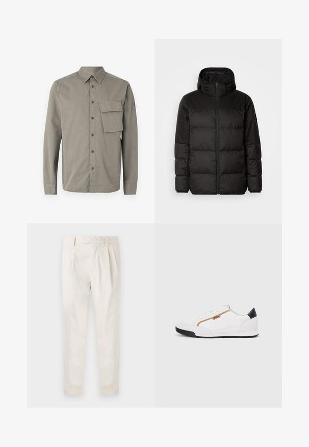 Juodas pūkinis švarkas turi užtrauktuką, gobtuvą, siūlinčius skyrius ir elastinius rankogalius, pagamintas iš lygaus, vandeniui atsparaus medžiagos.; Belstaff SCALE SHIRT - Marškiniai - surplus green; Balti, susiūtos kelnes, turinčios pritaikytą siluetą, pasižyminčias lygia tekstūra, dirželio kilpomis ir siaurėjančiomis kojomis. Nėra matomų kišenių ar raštų.; Balti sportiniai bateliai su tinklinėmis ir odinėmis detalėmis. Yra auksinė "BOSS" logotipas, tekstūruoti šonai ir juodas kulno dangtelis. Guminis padas.