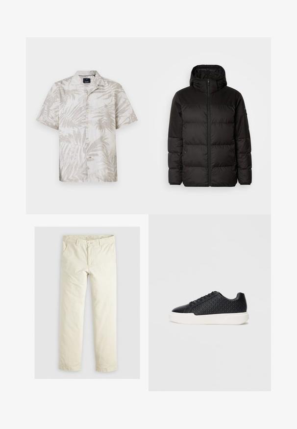 Il giubbotto puffo nero presenta una chiusura con zip, un cappuccio, sezioni trapuntate e polsini elastici, realizzato in un materiale liscio e resistente all'acqua.; Camicia a maniche corte in lino beige chiaro con motivo a palme, caratterizzata da un colletto a punta e chiusura con bottoni. Design a foglia sottile su tutta la stoffa.; Pantaloni ampi di colore beige chiaro con tre tasche, passanti per la cintura e design a gamba dritta. Realizzati in un morbido tessuto misto cotone.; Sneaker nera con texture geometrica sul lato, punta liscia e suola in gomma bianca. Presenta lacci rotondi e un design a bassa profilatura.