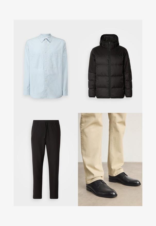 Czarna kurtka puchowa z zapięciem na zamek, kapturem, pikowanymi sekcjami i elastycznymi mankietami, wykonana z gładkiego, wodoodpornego materiału.; Jasnoniebieska koszula z długim rękawem wykonana z bawełny, z klasycznym kołnierzykiem, dwoma kieszeniami na piersi i nieco luźniejszym krojem.; Czarne spodnie dresowe wykonane z gładkiego materiału. Posiadają elastyczny pas ze sznurkiem, zwężane nogawki oraz brak widocznych kieszeni. Prosty design.; Czarne skórzane buty na sznurówki z zaokrąglonym czubkiem, gładkim wykończeniem i subtelnymi detalami szycia, noszone z jasnobeżowymi spodniami.