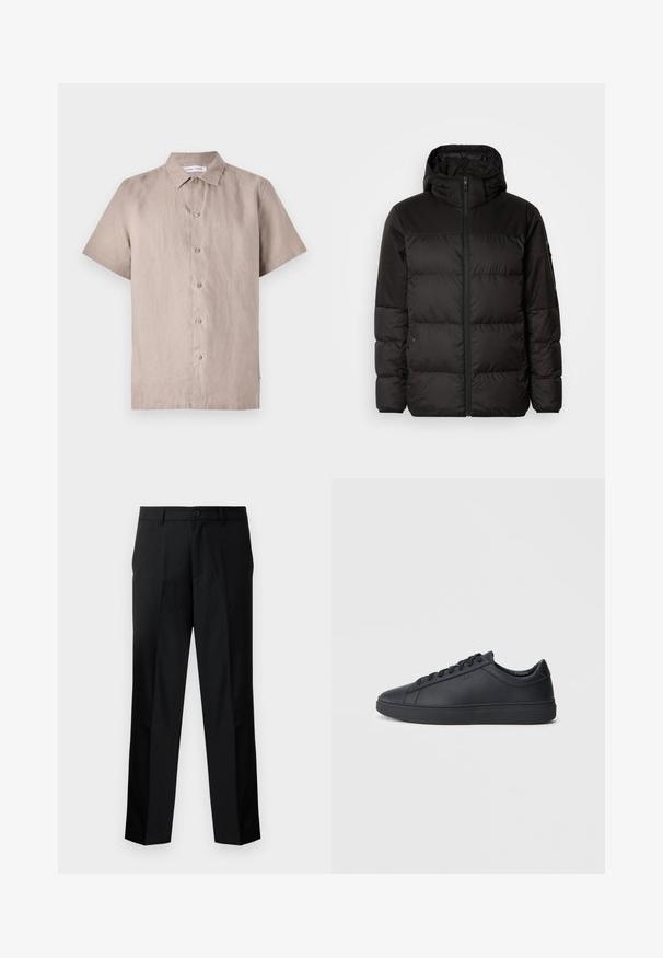 Zwarte pufferjas met ritsluiting, een capuchon, gequiltte secties en elastische manchetten, gemaakt van een glad, waterafstotend materiaal.; Korte mouwen, button-up shirt in lichtbeige linnen stof. Heeft een gespreide kraag en een voorflap met bijpassende knopen. Soepele textuur.; Zwarte op maat gemaakte broek met een rechte snit, voorzien van een knoopsluiting, ritssluiting en riemlussen. Glad stof met zijzakken.; Zwarte sneakers van glad leer met een lage schacht, ronde neus en platte rubberen zool. Voorzien van veters en subtiele branding.