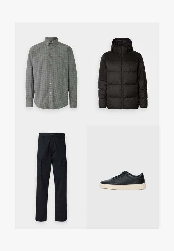 Il giubbotto puffo nero presenta una chiusura con zip, un cappuccio, sezioni trapuntate e polsini elastici, realizzato in un materiale liscio e resistente all'acqua.; Camicia grigia a maniche lunghe con bottoni, motivo a griglia bianca sottile e colletto, con logo BOSS ricamato sul petto a sinistra.; Pantaloni cargo neri realizzati in un tessuto resistente, con un taglio dritto, due tasche laterali e una chiusura a bottone in vita.; Sneaker in pelle nera a basso profilo con lacci neri e suola avorio, mostrato di profilo su sfondo bianco.