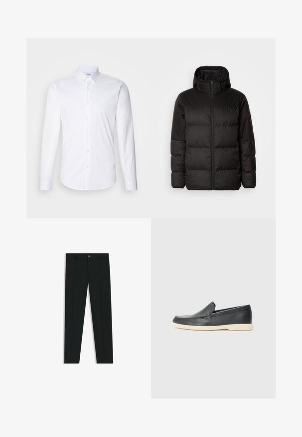 Zwarte pufferjas met ritsluiting, een capuchon, gequiltte secties en elastische manchetten, gemaakt van een glad, waterafstotend materiaal.; Witte lange mouwen knoopshirt gemaakt van gladde katoenstof, met een klassieke kraag, knoopsluiting en een gebogen zoom.; Zwarte dresspants met een recht pasvorm, gemaakt van een gladde stof. Heeft een sluiting met een knoop aan de voorkant en ceintuurlussen. Effen zonder patronen.; Zwarte leren instappers met een gestructureerde afwerking en een contrasterende beige rubberen zool. Beschikt over een subtiele accent langs de voorkant.