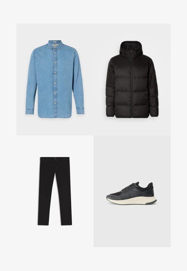 Sort pufferjakke med lynlås, hætte, quiltede sektioner og elastiske manchetter, lavet af et glat, vandafvisende materiale.; Lys blå denimskjorte med knaplukning i front, lange ærmer, klassisk krave og lige søm. Har guldtonede knapper og diskrete syninger.; Sorte bukser lavet af stof med en glat tekstur. Har en knaplukning, bæltestropper og sidelommer. Standard design med lige ben.; Sort atletisk sneakers med en mesh-overdel med perforeringer, en tekstureret mellemsål i cremefarve og en gummisål for godt greb.