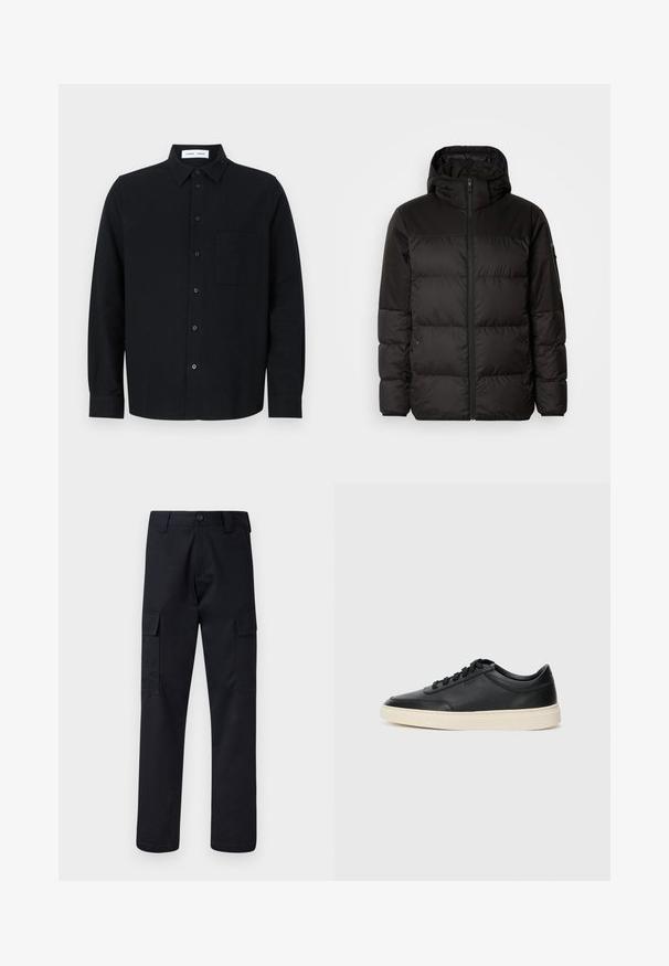 Juodas pūkinis švarkas turi užtrauktuką, gobtuvą, siūlinčius skyrius ir elastinius rankogalius, pagamintas iš lygaus, vandeniui atsparaus medžiagos.; Juodas marškiniai su apykakle, vienu krūtiniu kišenė, ilgomis rankovėmis ir tiesiu apdailos kraštu. Pagaminta iš tekstūruotos medžiagos.; Juodi cargo kelnės, pagamintos iš tvirto audinio, su tiesiu kirpimu, dviem šoninėmis kišenėmis ir mygtukiniu užsegimu juosmenyje.; Juoda žema viršutinė odinė sportbačiai su juodais raišteliais ir kreminiu padu, pateikti šoniniame profilyje ant baltos fono.