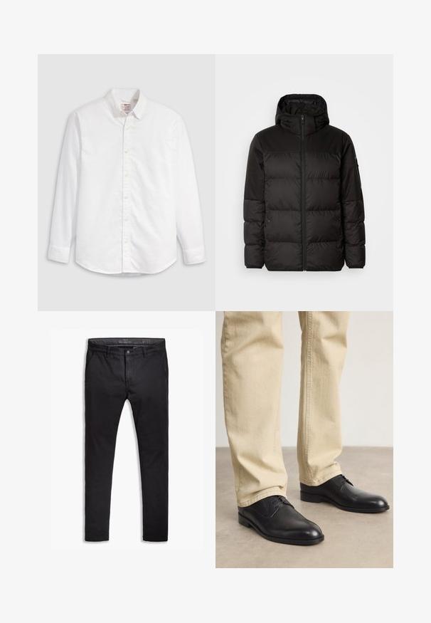 Μαύρο μπουφάν με φερμουάρ, κουκούλα, παραγεμισμένα τμήματα και ελαστικές μανσέτες, κατασκευασμένο από λείο, αδιάβροχο υλικό.; Λευκό βαμβακερό πουκάμισο με κουμπιά, μακριά μανίκια, γιακά και καμπυλωτό τελείωμα. Διαθέτει κίτρινα κουμπιά και διακριτική επωνυμία.; Μαύρες βαμβακερές chinos με tapered fit, που διαθέτουν πέντε τσέπες, θηλιές για ζώνη και απαλό υφή. Φερμουάρ με κουμπί.; Μαύρα δερμάτινα παπούτσια με κορδόνια και στρογγυλή μύτη, με λεία επιφάνεια και διακριτές ραφές, φορεμένα με ανοιχτό μπεζ παντελόνι.