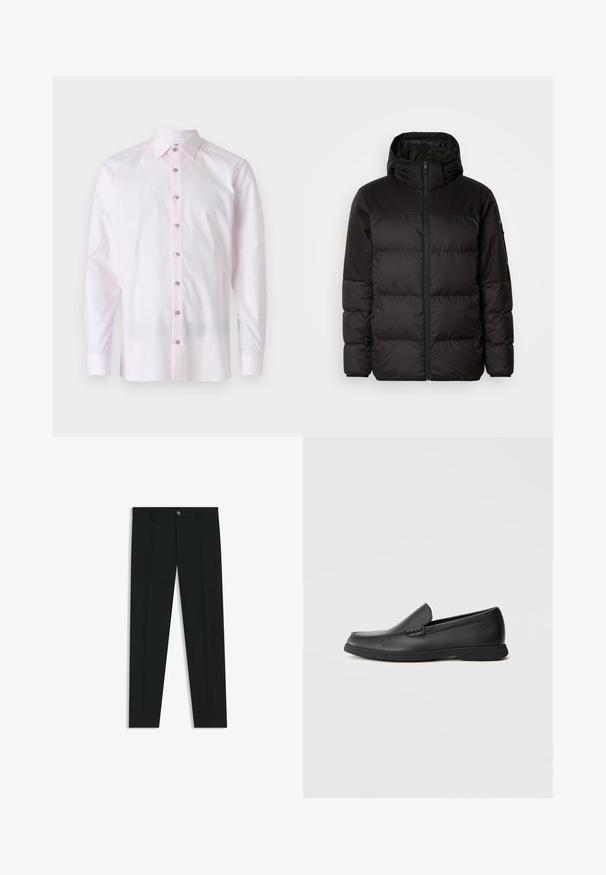 Sort pufferjakke med lynlås, hætte, quiltede sektioner og elastiske manchetter, lavet af et glat, vandafvisende materiale.; Lyserød langærmet skjorte lavet af glat stof. Har en spidse krave og en skjult knaplukning med kontrastknapper.; Sorte dressbukser med lige ben-design, lavet af glat stof. Har en frontlukning med knap og bæltestropper. Enkle uden mønstre.; Sort læder slip-on loafers med tekstureret overdel, rund tå, lav hæl og gummisål, vist i sideprofil på hvid baggrund.
