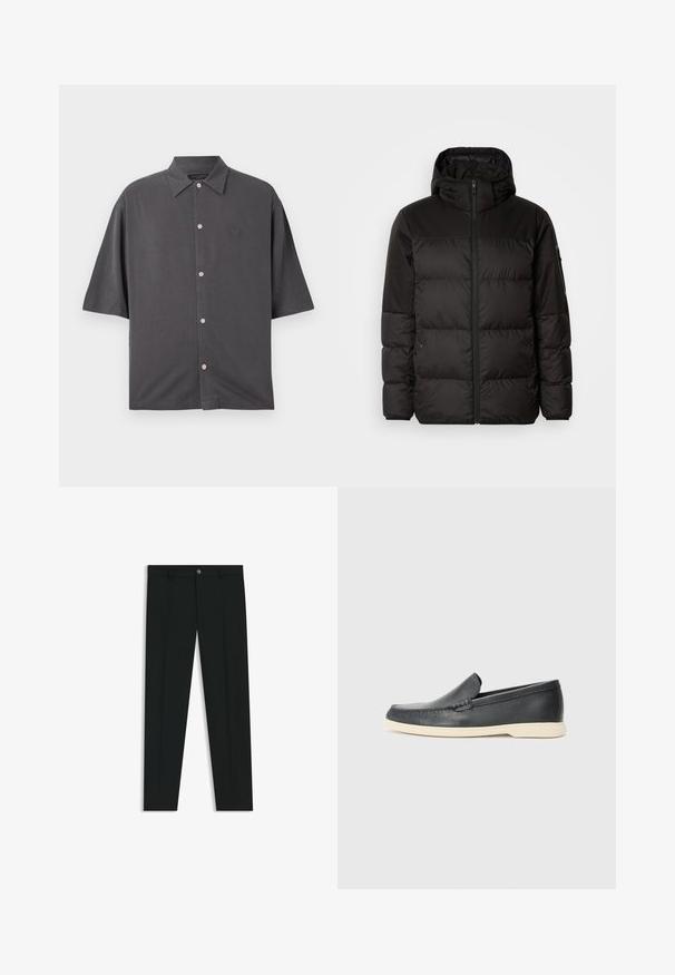 Il giubbotto puffo nero presenta una chiusura con zip, un cappuccio, sezioni trapuntate e polsini elastici, realizzato in un materiale liscio e resistente all'acqua.; Maglietta a maniche corte di colore grigio ardesia, realizzata in tessuto morbido. Presenta un colletto tradizionale, bottoni rosa e un logo ricamato discreto sul petto.; Pantaloni neri in tessuto lisci, con design a gamba dritta. Presentano una chiusura frontale con bottone e passanti per cintura. Senza fantasie.; Mocassini neri in pelle con finitura testurizzata e suola in gomma beige a contrasto. Presentano un accento sottile lungo la parte anteriore.