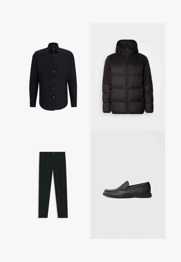 Zwarte pufferjas met ritsluiting, een capuchon, gequiltte secties en elastische manchetten, gemaakt van een glad, waterafstotend materiaal.; Zwarte longsleeve shirt van gladde stof, met een puntige kraag en een knoopsluiting aan de voorkant met zes metalen knopen en verstelbare manchetten.; Zwarte dresspants met een recht pasvorm, gemaakt van een gladde stof. Heeft een sluiting met een knoop aan de voorkant en ceintuurlussen. Effen zonder patronen.; Zwarte leren instaploafer met een textuur bovenwerk, ronde neus, lage hak en rubberen zool, weergegeven in zijprofiel op een witte achtergrond.