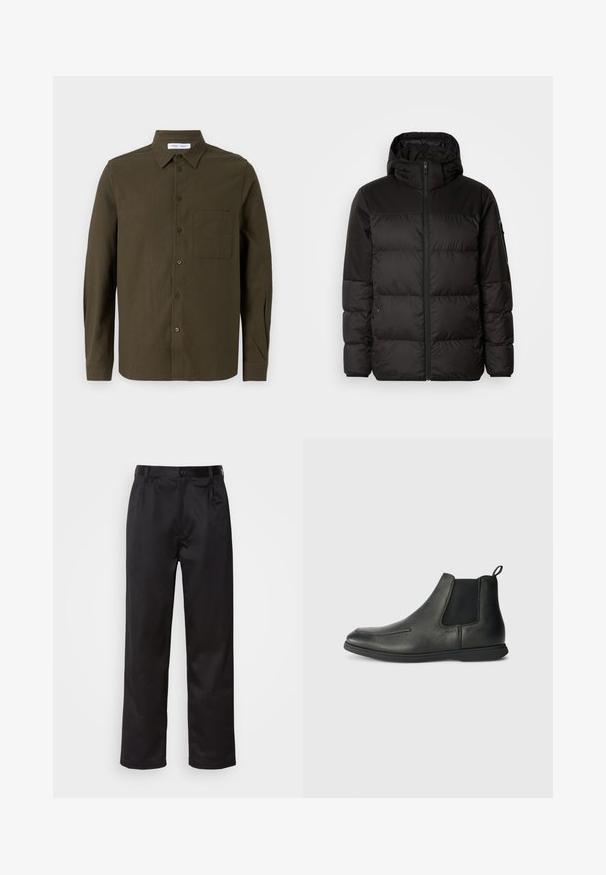 Il giubbotto puffo nero presenta una chiusura con zip, un cappuccio, sezioni trapuntate e polsini elastici, realizzato in un materiale liscio e resistente all'acqua.; Maglietta a maniche lunghe verde oliva realizzata in tessuto morbido, con colletto button-down, tasca frontale e patta con bottoni scuri.; Pantaloni neri realizzati in tessuto morbido, con chiusura frontale a bottone, pieghe e gambe dritte. Nessun motivo o accento visibile.; Stivaletti in pelle nera con una texture liscia, pannelli laterali elastici e una linguetta sul retro. Punta rotonda e suola in gomma.