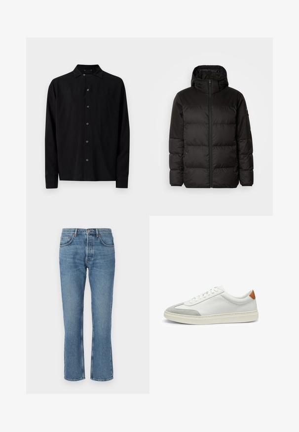 Il giubbotto puffo nero presenta una chiusura con zip, un cappuccio, sezioni trapuntate e polsini elastici, realizzato in un materiale liscio e resistente all'acqua.; Maglietta nera a maniche lunghe con colletto standard, bottoni frontali e una texture liscia, con orlo dritto e polsini con bottone.; Jeans in denim blu chiaro con taglio dritto, design a cinque tasche e cuciture a contrasto. Il tessuto ha una consistenza morbida e una leggera sfumatura.; Sneakers bianchi in pelle con accenti in suede grigio e un tallone in pelle beige. Presentano una superficie testurizzata e una suola leggera.