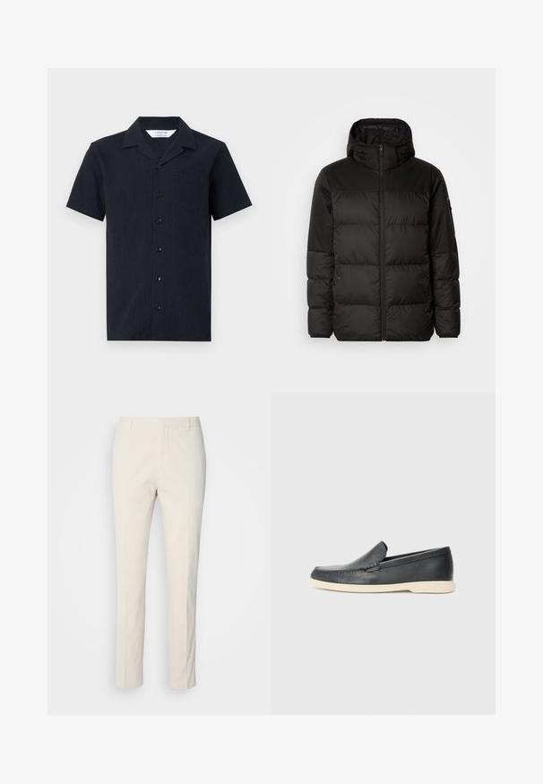 Crna puf jakna ima zatvaranje na zip, kapuljaču, kviltane dijelove i elastične manžete, izrađena je od glatkog, vodootpornog materijala.; Košulja kratkih rukava, tamnoplave boje, s dugmadi i teksturiranom tkaninom. Ima kragnu, jedan džep na prsima i šest dugmadi sprijeda.; Pantalone boje kreme s teksturiranim materijalom. Ima ravne nogavice, petlje za pojas i dvije prednje džepove. Bez uzoraka.; Crne kožne cipele na slip-on s teksturiranim završetkom i kontrastnom bež gumom. Imaju suptilan naglasak duž prednje strane.