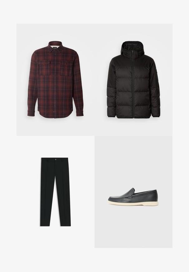 Black puffer jacket features a zip closure, a hood, quilted sections, and elastic cuffs, made from a smooth, water-resistant material.; Red and black plaid flannel shirt with a button-down collar, two chest pockets, and long sleeves. Features a relaxed fit and curved hem.; Black dress pants with a straight-leg design, made of smooth fabric. Features a front button closure and belt loops. Plain without patterns.; Black leather slip-on loafers with a textured finish and a contrasting beige rubber sole. Features a subtle accent along the front.