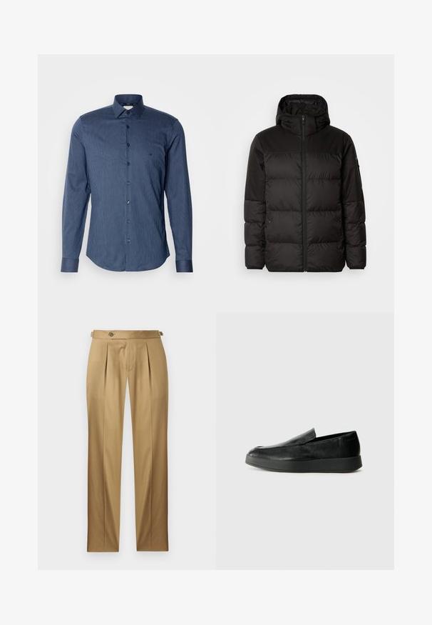 Zwarte pufferjas met ritsluiting, een capuchon, gequiltte secties en elastische manchetten, gemaakt van een glad, waterafstotend materiaal.; Blauw gestreept overhemd met lange mouwen van katoen. Bevat een klassieke kraag, knoopsluiting aan de voorkant en een ronde onderkant. Gelaagd stof met een subtiele glans.; Beige broek met een rechte pasvorm, voorzien van plooien, een knoopsluiting en riemlussen. Gladde stof met een nette, op maat gemaakte uitstraling.; Calvin Klein HYBRID CUP - Instappers - triple black