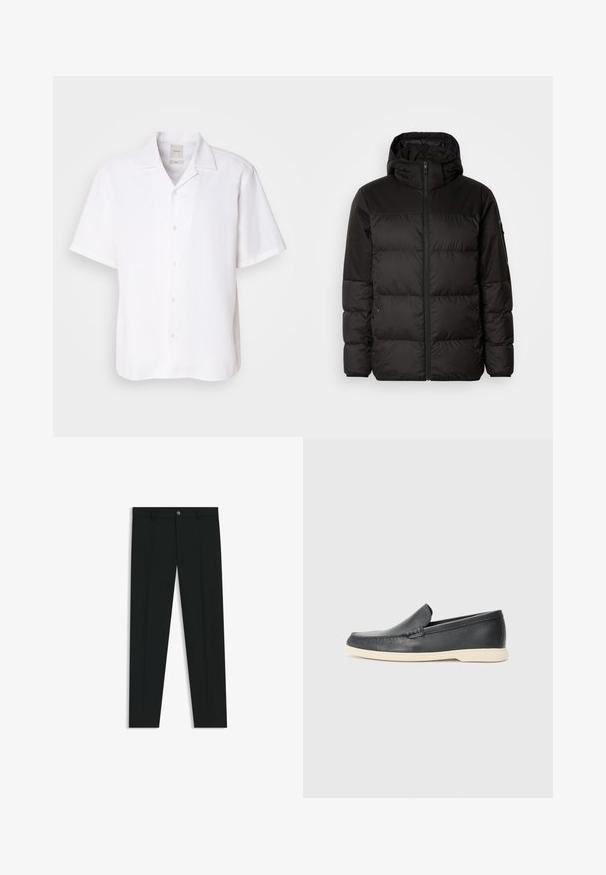 Schwarze Pufferjacke mit Reißverschluss, Kapuze, gesteppten Abschnitten und elastischen Bündchen, hergestellt aus einem glatten, wasserabweisenden Material.; Kurzarm-Button-Up-Hemd aus weißem Leinen mit klassischem Kragen, glatter Textur und lässiger Passform.; Schwarze Anzughosen mit geradem Bein, aus glattem Stoff. Mit Knopfverschluss vorne und Gürtelschlaufen. Schlicht ohne Muster.; Schwarze Leder-Slipper mit strukturiertem Finish und einer kontrastierenden beige Gummisohle. Mit einem dezenten Akzent an der Vorderseite.