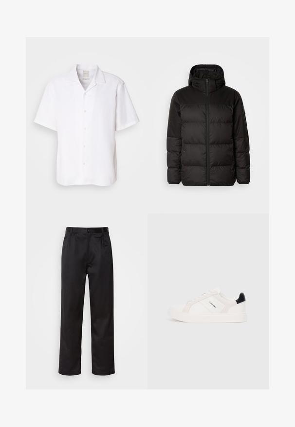 Mustikas puffer-jakk sisaldab tõmblukku, kapuutsi, tikandiga osi ja elastseid mansette, valmistatud siledast veekindlast materjalist.; Lühikeste varrukatega valge linane nööbiga särk, millel on klassikaline krae, sile tekstuur ja lõdva istuvus.; Mustadest siledast kangast pükstest, millel on ees nupu sulgemine, voldid ja sirged sääred. Ei mingeid nähtavaid mustreid ega aktsente.; Valge tossud heleda roosa ja musta aktsendiga, mis sisaldavad sileda naha ja nubukpaneele, ümarat varvust ja lamedat kummitalda.