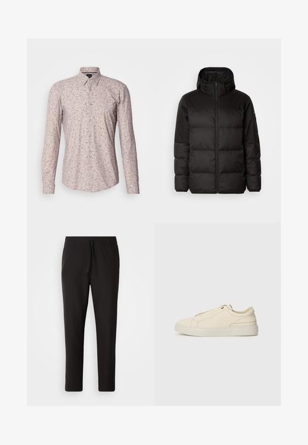 A fekete steppelt dzseki cipzáros záródással, kapucnival, steppelt részekkel és rugalmas mandzsettákkal rendelkezik, sima, vízálló anyagból készült.; Rózsaszín hosszú ujjú ing, kis, többszínű mintázattal, gombos gallérral és elülső gombos záródással. Sima szövet textúra.; Fekete jogger nadrág sima anyagból. Rugalmas derekú, húzózsinórral, tapered lábakkal és látható zsebek nélkül készül. Egyszerű dizájn.; Beige bőr sneaker, lekerekített orral, minimalista dizájnal, finom varrási részletekkel és texturált felsőrésszel, világos talpon.
