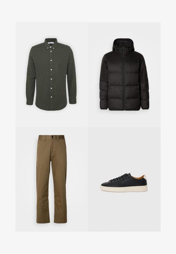 La doudoune noire est dotée d'une fermeture éclair, d'une capuche, de sections matelassées et de poignets élastiques, fabriquée à partir d'un matériau lisse et résistant à l'eau.; Chemise boutonnée vert foncé avec un col, des manches longues et des boutons blancs. Tissu doux et texturé avec un ourlet légèrement arrondi.; Pantalon marron à jambe droite en tissu tissé. Avec fermeture à bouton, poches latérales et texture lisse. Coupe ajustée.; Baskets en cuir noir avec une texture lisse, semelle en caoutchouc beige, design à lacets et accent de talon contrasté.