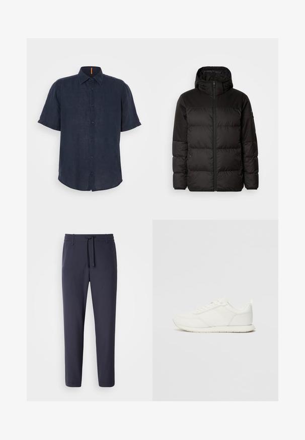 A fekete steppelt dzseki cipzáros záródással, kapucnival, steppelt részekkel és rugalmas mandzsettákkal rendelkezik, sima, vízálló anyagból készült.; Sötét tengerész kék lenvászon rövid ujjú ing, gombos elülső rész, hegyes gallér és diszkrét narancssárga díszítés a nyakrészen. Puha tapintás és laza szabás.; Tengerészkék melegítőnadrág, elasztikus derékpánttal és húzózsinórral. Simább anyagból készült, fokozatosan szűkülő lábakkal és látható zsebek nélkül.; Fehér sneaker hálós és szintetikus felsőrésszel, kerek orral, lapos fűzőkkel és textúrázott oldalsávval. Gumi talp hátul húzófüllel.