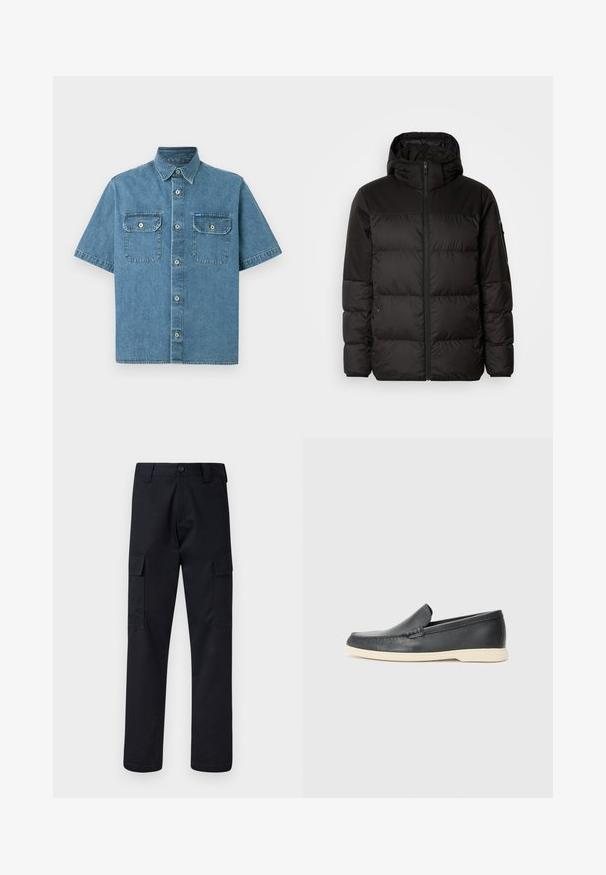 Mustikas puffer-jakk sisaldab tõmblukku, kapuutsi, tikandiga osi ja elastseid mansette, valmistatud siledast veekindlast materjalist.; Lühikeste varrukatega teksapait, helesinine, millel on kaks rinnataskut nuppude sulgemisega, terava krae ja eesmine nuppude rida.; Mustad mustad püksid, mis on valmistatud tugevast materjalist, sirge lõikega, kaht küljetaskut ja nööbiga sulgemist vöökoha juures.; Must musta sussid mustast nahast, millel on tekstuuriga pind ja kontrastne beež kummitald. Ees on peen aktsent.