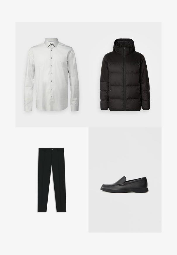 Il giubbotto puffo nero presenta una chiusura con zip, un cappuccio, sezioni trapuntate e polsini elastici, realizzato in un materiale liscio e resistente all'acqua.; Maglietta a maniche lunghe grigio chiaro in tessuto morbido con colletto button-down, bottoni frontali e ricamo logo discreto sul petto.; Pantaloni neri in tessuto lisci, con design a gamba dritta. Presentano una chiusura frontale con bottone e passanti per cintura. Senza fantasie.; Mocassino slip-on in pelle nera con sopra testurizzato, punta arrotondata, tacco basso e suola in gomma, mostrato in profilo laterale su sfondo bianco.