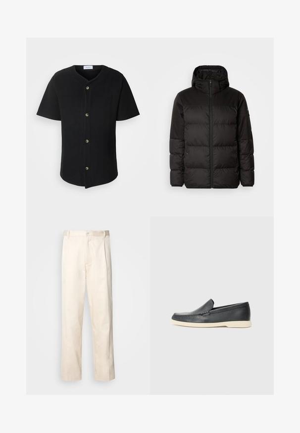 A fekete steppelt dzseki cipzáros záródással, kapucnival, steppelt részekkel és rugalmas mandzsettákkal rendelkezik, sima, vízálló anyagból készült.; Les Deux BARRY BASEBALL - Ing - black; Beige pamut nadrág egyenes szárú kivágással, gombos záródással és elülső redőkkel a részletek fokozása érdekében.; Fekete bőr, slip-on stílusú loaferek, texturált felülettel és kontrasztos bézs gumitalppal. A frontrészén finom díszítéssel rendelkezik.