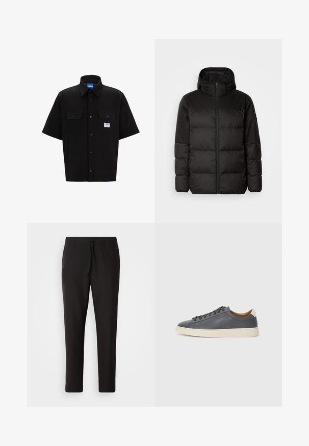 Mustikas puffer-jakk sisaldab tõmblukku, kapuutsi, tikandiga osi ja elastseid mansette, valmistatud siledast veekindlast materjalist.; Must kollane lühikeste varrukatega särk struktureeritud kraega, kaks esikotti, nupuga sulgemine ning vasakul küljel väike sinine ja valge logo silt.; Mustad jogger-püksid, mis on valmistatud siledast kangast. Omavad elastset pihaotsikut koos paelaga, kitsenevaid jalaosi ja nähtamatuid taskuid. Lihtne disain.; Hallhalli nahast tossud ümmarguse varbaga, kummist tallaga, lamedate paeltega ja heledate aktsentidega kontsadel. Sile tekstuur ja minimalistlik disain.