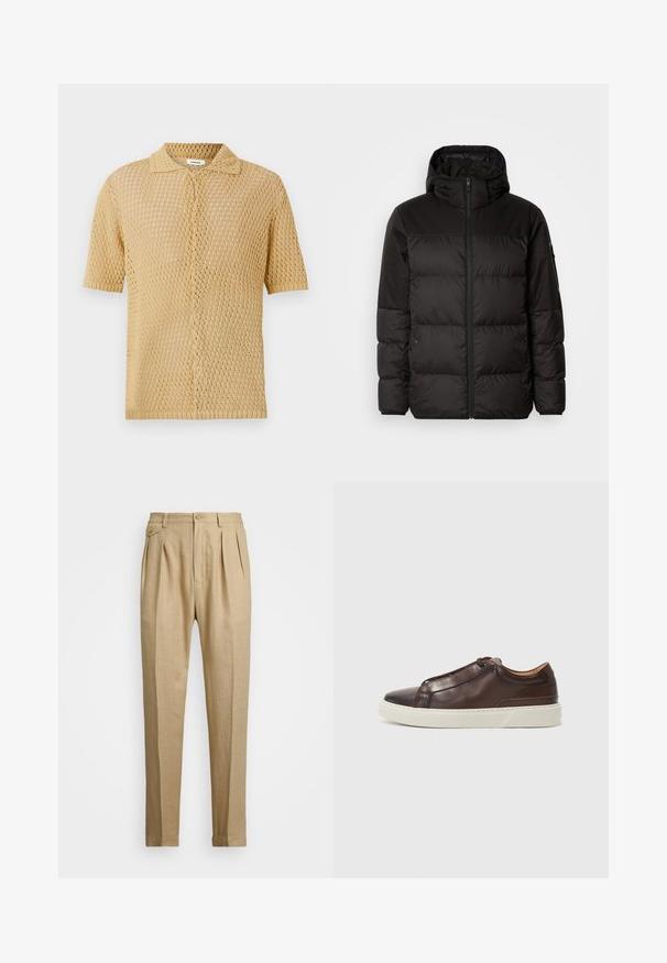 Musta puhvijakku sisältää vetoketjun, hupun, tilkuista koostuvia osioita ja joustavat hihansuut. Se on valmistettu sileästä, vedenpitävästä materiaalista.; Lyhythihainen, napillinen paita vaaleassa beigesävyssä. Sisältää löyhän, avoimen neuloksen, jossa on teksturoitu kuvio ja tavallinen kaulus.; Vaaleat pellavahousut suoralinjaisella leikkauksella, joissa on kaksi etukaitaletta, nappikiinnitys ja sivutaskut. Rakenteellinen kangas, jossa on sileä pinta.; Ruskea nahkainen lenkkari, jossa on pyöristetty kärki, kontrastivärinen valkoinen kumipohja, ommeltuja yksityiskohtia ja ei näkyviä nauhoja. Yhteensopiva sileä pinta.