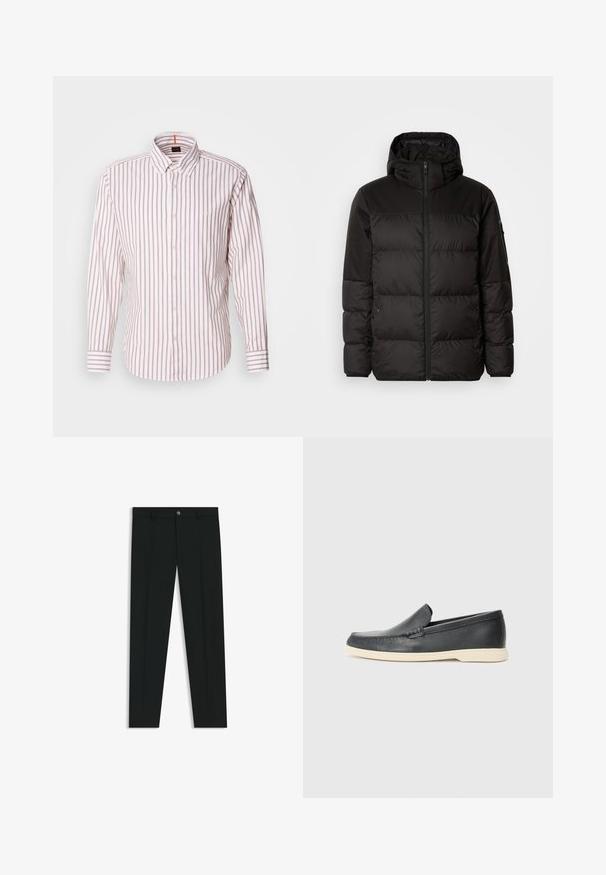 Il giubbotto puffo nero presenta una chiusura con zip, un cappuccio, sezioni trapuntate e polsini elastici, realizzato in un materiale liscio e resistente all'acqua.; Camicia a righe bianca e rosa chiaro. Dotata di colletto, maniche lunghe e un piccolo logo sul petto. Realizzata in cotone.; Pantaloni neri in tessuto lisci, con design a gamba dritta. Presentano una chiusura frontale con bottone e passanti per cintura. Senza fantasie.; Mocassini neri in pelle con finitura testurizzata e suola in gomma beige a contrasto. Presentano un accento sottile lungo la parte anteriore.