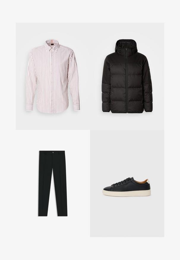 Svart puffjacka med blixtlås, huva, quiltade sektioner och elastiska mudd, tillverkad av ett slätt, vattentåligt material.; Randig skjorta med knappar i vitt och ljusrosa. Har en krage, långa ärmar och en liten logotyp på bröstet. Material av bomull.; Svarta dressbyxor med rak bendesign, gjorda av ett mjukt tyg. Har stängning med frontknapp och bälteshällor. Enfärgade utan mönster.; Svarta lädersneakers med en slät yta, beige gummisula, snörning och en kontrasterande hälackcent.