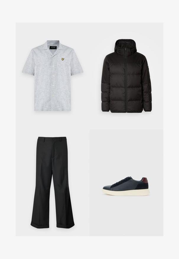 Melna pūkainā jakā iezīmes ir rāvējslēdzēja aizdare, kapuce, kvadrātveida šuves un elastīgas aproces, izgatavota no gludas, ūdensizturīgas vielas.; Īsām piedurkņu, apkakles krekls gaiši pelēkā audumā ar teksturētu apdari. Iezīmēts ar dzeltenu izšūtu logotipu un pogu aizdari.; Melni plaši bikses ar pogājam jostu un apakšdaļu ar aprocēm, izliktas uz vienkārša balta fona.; Zemāko vīriešu sporta apavu modelis melnā ādas un zamša apdarē ar bordo krāsas papēža cilpu un baltu gumijas zoli, skatoties no ārējās puses.