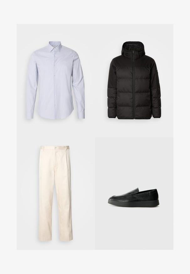 Melna pūkainā jakā iezīmes ir rāvējslēdzēja aizdare, kapuce, kvadrātveida šuves un elastīgas aproces, izgatavota no gludas, ūdensizturīgas vielas.; Gai zils garām piedurknēm pogājams krekls ar smalkām baltām vertikālām svītrām, klasisku apkakli un pogu aizdari ar piedurkņu detaļām.; Bežā krāsā auduma bikses ar taisnu kāju griezumu, pievienotām pogu aizdares un priekšējiem krokām papildu detaļām.; Calvin Klein HYBRID CUP - Čības - triple black