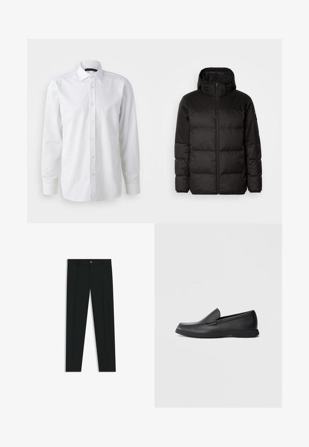 Schwarze Pufferjacke mit Reißverschluss, Kapuze, gesteppten Abschnitten und elastischen Bündchen, hergestellt aus einem glatten, wasserabweisenden Material.; Weißes Langarmhemd aus Baumwolle. Verfügt über einen klassischen Kragen, eine Knopfleiste und eine glatte Textur mit subtiler glänzenden Oberfläche.; Schwarze Anzughosen mit geradem Bein, aus glattem Stoff. Mit Knopfverschluss vorne und Gürtelschlaufen. Schlicht ohne Muster.; Schwarze Leder Slipper mit strukturiertem Obermaterial, runder Zehenform, niedrigem Absatz und Gummisohle, seitlich auf weißem Hintergrund abgebildet.