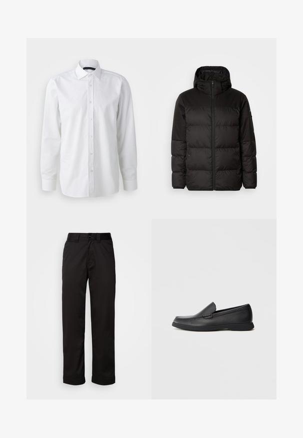 Sort pufferjakke med lynlås, hætte, quiltede sektioner og elastiske manchetter, lavet af et glat, vandafvisende materiale.; Hvid skjorte med lange ærmer lavet af bomuld. Har en klassisk krave, knaplukning foran og en glat tekstur med en let glans.; Sorte bukser lavet af glat stof med lynlås, knaplukning og opsmøgede nedenkanter for et afslappet design.; Sort læder slip-on loafers med tekstureret overdel, rund tå, lav hæl og gummisål, vist i sideprofil på hvid baggrund.