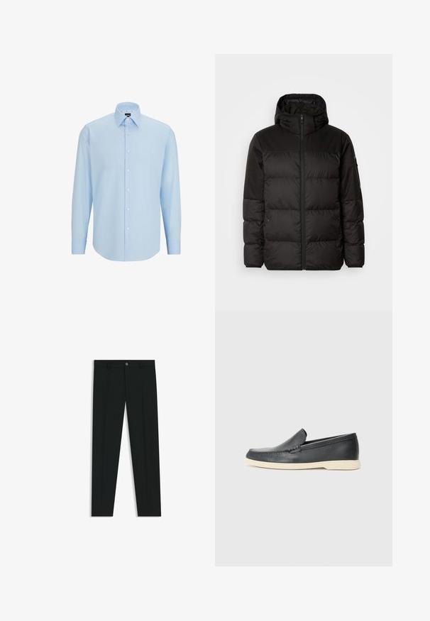 Musta puhvijakku sisältää vetoketjun, hupun, tilkuista koostuvia osioita ja joustavat hihansuut. Se on valmistettu sileästä, vedenpitävästä materiaalista.; Vaaleansininen pitkähihaisen paita, joka on valmistettu sileästä kankaasta. Paidassa on nappi-etuosa, terävä kaulus sekä normaali istuvuus.; Musta housut, joissa on suora lahje, valmistettu sileästä kankaasta. Edessä nappisulku ja vyölenkit. Yksinkertainen ilman kuvioita.; Mustat nahkakengät ilman nauhoja, joissa on teksturoitu pinta ja kontrastoiva beige kumipohja. Kengissä on hillitty yksityiskohta etuosassa.