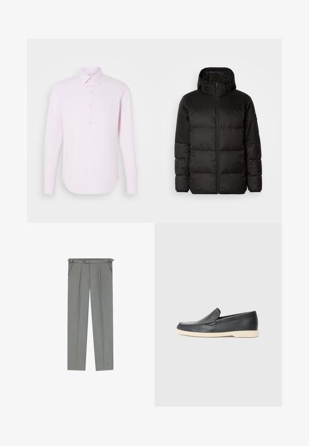 Musta puhvijakku sisältää vetoketjun, hupun, tilkuista koostuvia osioita ja joustavat hihansuut. Se on valmistettu sileästä, vedenpitävästä materiaalista.; Vaaleanpunainen pitkähiha, jossa nappikiinnitys, kauluskotka ja sileä pinta. Siinä on hienovaraiset pystysuorat raidat ja kapea istuvuus.; Harmaat, räätälöidyt housut, joissa on teksturoitu pinta, pleateilla, vyölenkeillä ja nappikiinnityksellä vyötäröllä.; Mustat nahkakengät ilman nauhoja, joissa on teksturoitu pinta ja kontrastoiva beige kumipohja. Kengissä on hillitty yksityiskohta etuosassa.