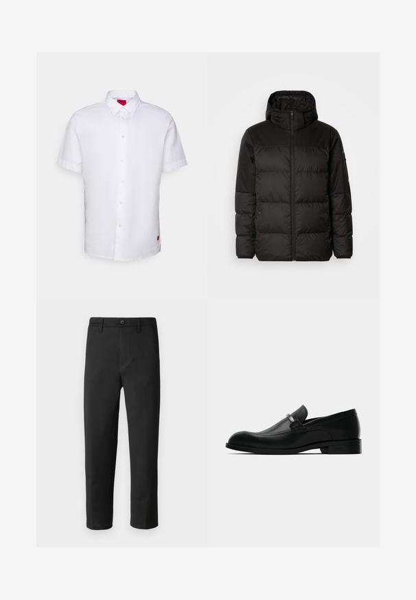 Black puffer jacket features a zip closure, a hood, quilted sections, and elastic cuffs, made from a smooth, water-resistant material.; Short-sleeve white shirt made of cotton, featuring a button-up front, a pointed collar, and a small red tag on the side.; Black trousers with a straight cut, made from smooth fabric. Features a button closure and belt loops. No visible patterns or accents.; Black leather men's loafer with a metal buckle detail, low heel, and branded sole, shown from the side on a white background.