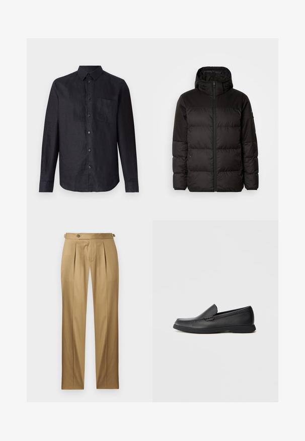 Mustikas puffer-jakk sisaldab tõmblukku, kapuutsi, tikandiga osi ja elastseid mansette, valmistatud siledast veekindlast materjalist.; Must hõlgadega must särk tekstureeritud kangast, millel on nööbiga esikülg, klassikaline krae ja vasakul rinnal kinnitustasku.; Beežid püksid sirge lõikega, millel on voldid, nööpkinnitus ja vööaasad. Sile kangas puhta ja viimistletud väljanägemisega.; Mustast nahast slip-on loafer, millel on tekstureeritud ülemine osa, ümar varvas, madal konts ja kummist tallad, esitatud külgprofiilis valgel taustal.