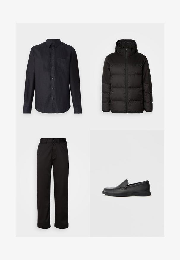 Mustikas puffer-jakk sisaldab tõmblukku, kapuutsi, tikandiga osi ja elastseid mansette, valmistatud siledast veekindlast materjalist.; Must hõlgadega must särk tekstureeritud kangast, millel on nööbiga esikülg, klassikaline krae ja vasakul rinnal kinnitustasku.; Mustad püksid siledast kangast, millel on luku suletava ja nööbi sulgemisega ning keeratud sääred, andes neile lihtsa disaini.; Mustast nahast slip-on loafer, millel on tekstureeritud ülemine osa, ümar varvas, madal konts ja kummist tallad, esitatud külgprofiilis valgel taustal.