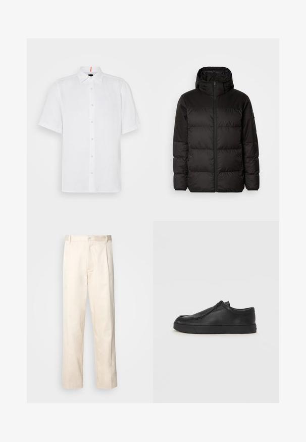 A jaqueta puffer preta apresenta um fecho zip, um capuz, secções acolchoadas e punhos elásticos, confeccionada em um material liso e resistente à água.; Camisa branca de manga curta feita de linho com corte reto. Apresenta uma frente abotoada, colarinho clássico e detalhes de costura discretos.; Calças de algodão bege com corte reto, apresentando um fecho de botão e pregas na frente para um detalhe adicional.; Sapata slip-on de couro preto com biqueira arredondada, detalhes cosidos e sola de borracha preta. Textura suave com design minimalista.