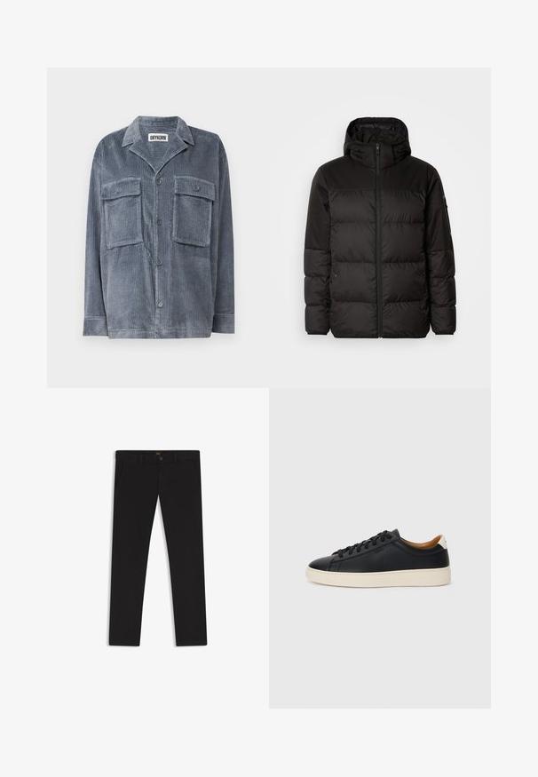 Il giubbotto puffo nero presenta una chiusura con zip, un cappuccio, sezioni trapuntate e polsini elastici, realizzato in un materiale liscio e resistente all'acqua.; Giacca in corduroy blu con due tasche frontali, chiusura con bottoni e colletto. Presenta una texture morbida e un tessuto a coste.; Pantaloni neri realizzati in tessuto con una superficie liscia. Presentano una chiusura con bottone, passanti per cintura e tasche laterali. Design a gamba dritta standard.; Sneakers in pelle nera con una texture liscia, suola in gomma beige, design con lacci e un accento del tacco in contrasto.