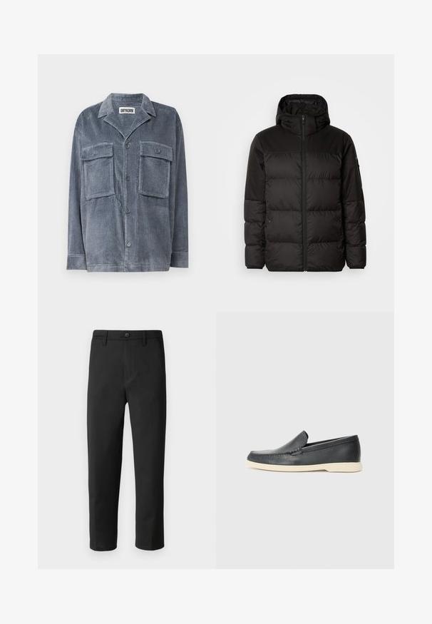 Schwarze Pufferjacke mit Reißverschluss, Kapuze, gesteppten Abschnitten und elastischen Bündchen, hergestellt aus einem glatten, wasserabweisenden Material.; Blaue Cordjacke mit zwei Fronttaschen, Knopfverschluss und kragen. Verfügt über eine weiche Textur und geripptes Gewebe.; Schwarze Hose mit geradem Schnitt, aus glattem Stoff gefertigt. Verfügt über einen Knopfverschluss und Gürtelschlaufen. Keine sichtbaren Muster oder Akzente.; Schwarze Leder-Slipper mit strukturiertem Finish und einer kontrastierenden beige Gummisohle. Mit einem dezenten Akzent an der Vorderseite.