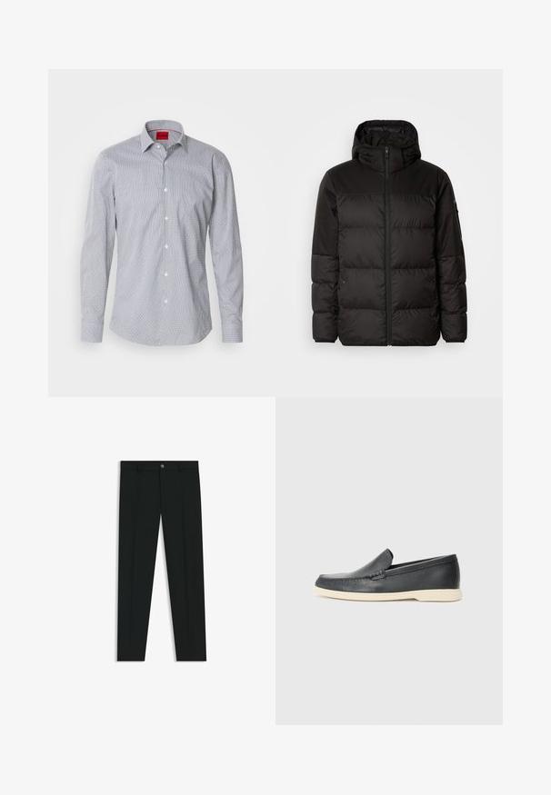 Il giubbotto puffo nero presenta una chiusura con zip, un cappuccio, sezioni trapuntate e polsini elastici, realizzato in un materiale liscio e resistente all'acqua.; Camicia leggera a maniche lunghe con un motivo geometrico bianco e navy, colletto con bottoni e un'etichetta rossa sul collo.; Pantaloni neri in tessuto lisci, con design a gamba dritta. Presentano una chiusura frontale con bottone e passanti per cintura. Senza fantasie.; Mocassini neri in pelle con finitura testurizzata e suola in gomma beige a contrasto. Presentano un accento sottile lungo la parte anteriore.